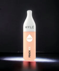 MYLÉ Drip Peach Ice disposable device with 2500 puffs and 2 percent nicotine strength, sweet peach flavor with icy menthol finish