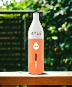 MYLÉ Drip Sweet Mango disposable device with 2500 puffs and 2 percent nicotine strength, juicy and sweet mango flavor