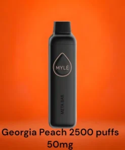 MYLE Meta Bar Georgia Peach disposable vape with 2500 puffs and 50mg nicotine strength, sweet and juicy peach flavor
