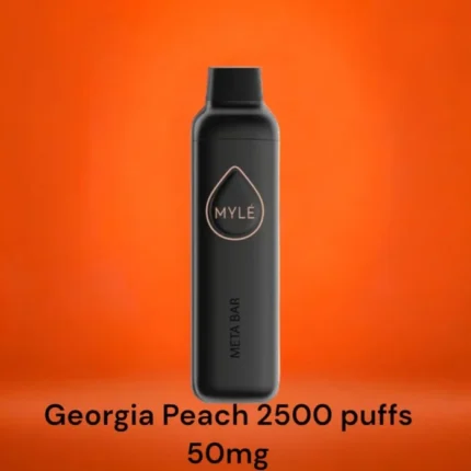 MYLE Meta Bar Georgia Peach disposable vape with 2500 puffs and 50mg nicotine strength, sweet and juicy peach flavor