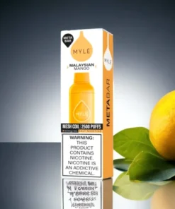 MYLE Meta Bar Malaysian Mango disposable vape with 2500 puffs and 50mg nicotine strength, sweet and tropical mango flavor