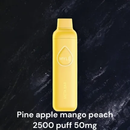 MYLE Meta Bar Pineapple Mango Peach disposable vape with 2500 puffs and 50mg nicotine strength, tropical fruit blend of pineapple, mango, and peach