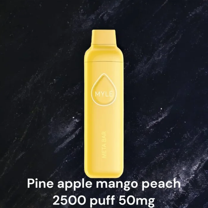 MYLE Meta Bar Pineapple Mango Peach 2500 Puffs 50mg Disposable Vape MYLE Meta Bar Pineapple Mango Peach disposable vape with 2500 puffs and 50mg nicotine strength, tropical fruit blend of pineapple, mango, and peach