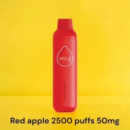 MYLE Meta Bar Red Apple disposable vape with 2500 puffs and 50mg nicotine strength, sweet and crisp red apple flavor