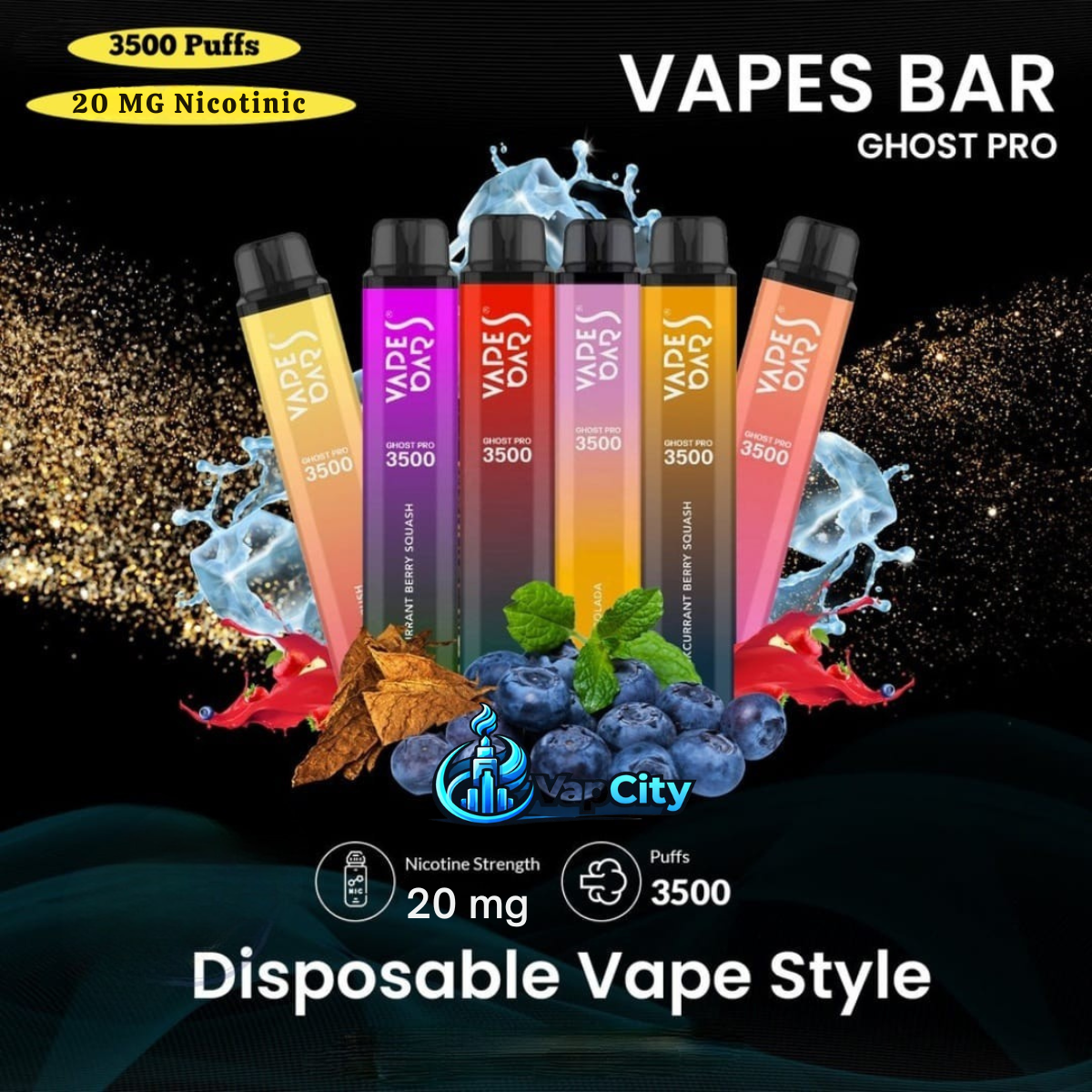 Vapes Bar Ghost Pro disposable vape collection featuring 3500 puffs and 20mg nicotine strength in multiple flavors