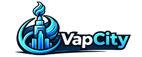 VapCity blue city skyline logo with vapor flame icon for premium vaping products