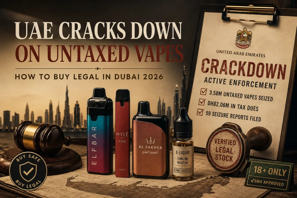 UAE Cracks Down on Untaxed Vapes: How to Make Sure You're Buying Legal in Dubai 12 UAE vape crackdown in Dubai with legal vape products, enforcement notice, and Dubai skyline.