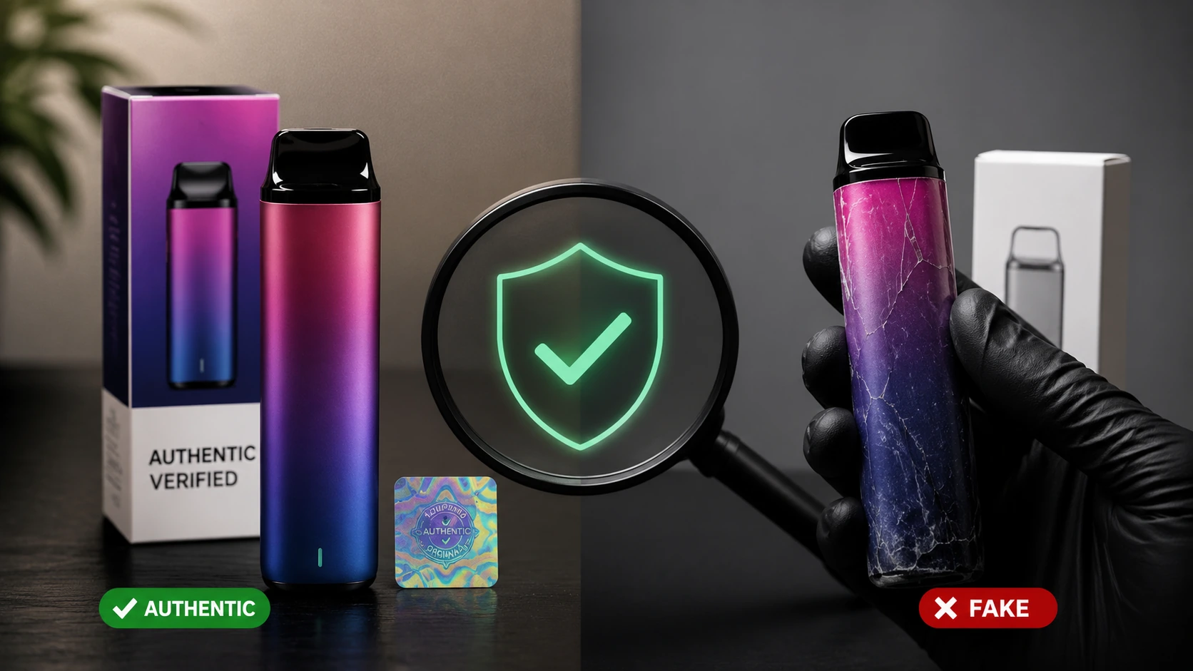 Authentic vape compared with a fake vape, side by side