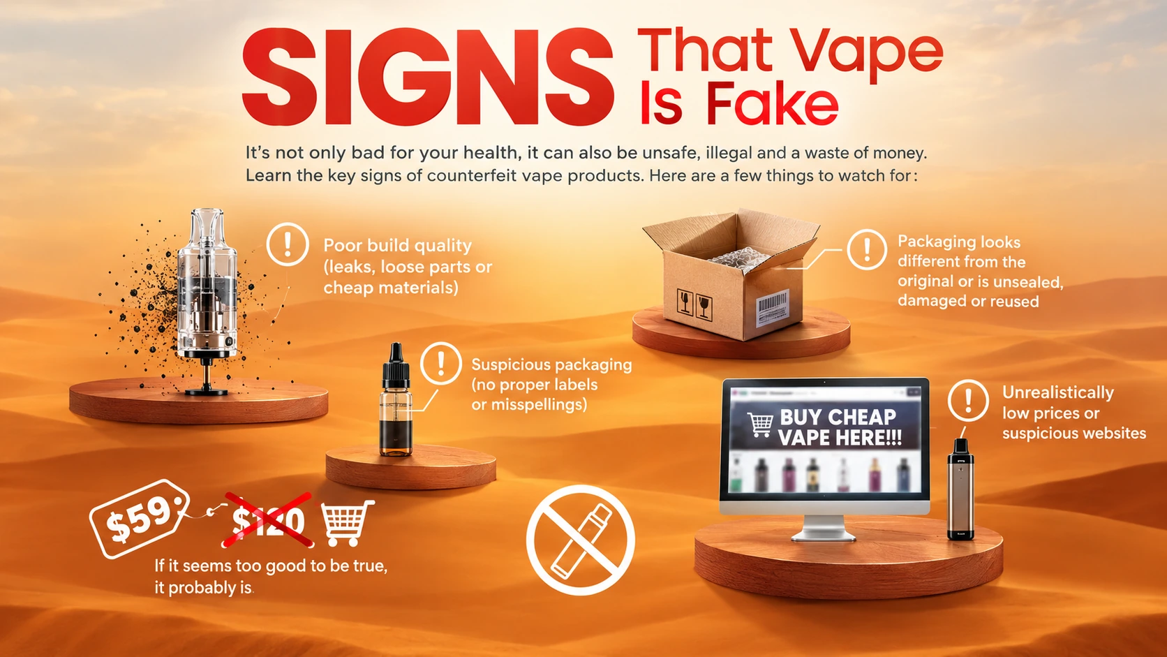 Common signs that a vape is fake, shown in an infographic